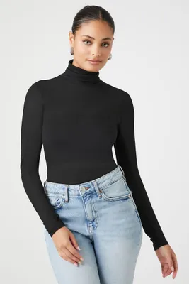 Women's Sheer Ribbed Knit Turtleneck Top in Black, XS