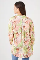 Women's Satin Floral Patchwork Shirt in Pale Peach Small