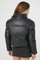 Women's Faux Leather Quilted Puffer Jacket in Black Medium