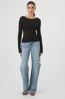 Women's Fitted Ribbed Knit Sweater Top in Black Medium