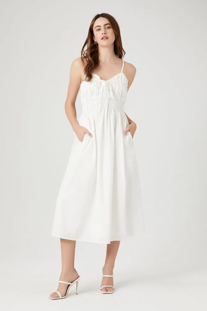 Women's Shirred Poplin Midi Dress in White, XS