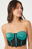 Women's Colorblock Strapless Eyelash Lace Corset Bra in Emerald/Black, XL