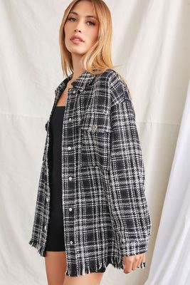 Women's Plaid Tweed Frayed Shacket in Black Medium