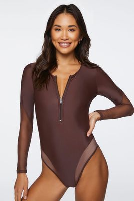 Women's Half-Zip One-Piece Swimsuit in Brown Small