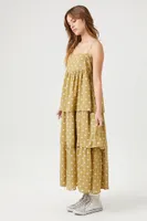 Women's Polka Dot Tiered Midi Dress in Olive Small