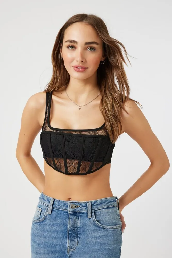 Forever 21 Women's Sheer Lace Corset Crop Top in Black, XL