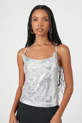 Women's Sequin Cowl Neck Cami in Silver Small