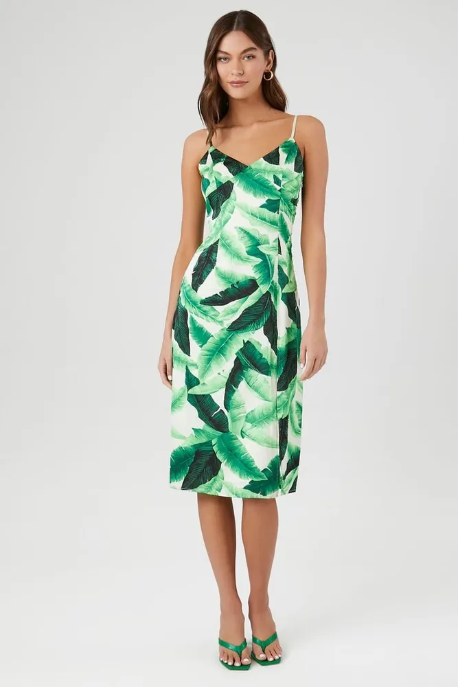 Women's Twist-Back Tropical Leaf Midi Dress