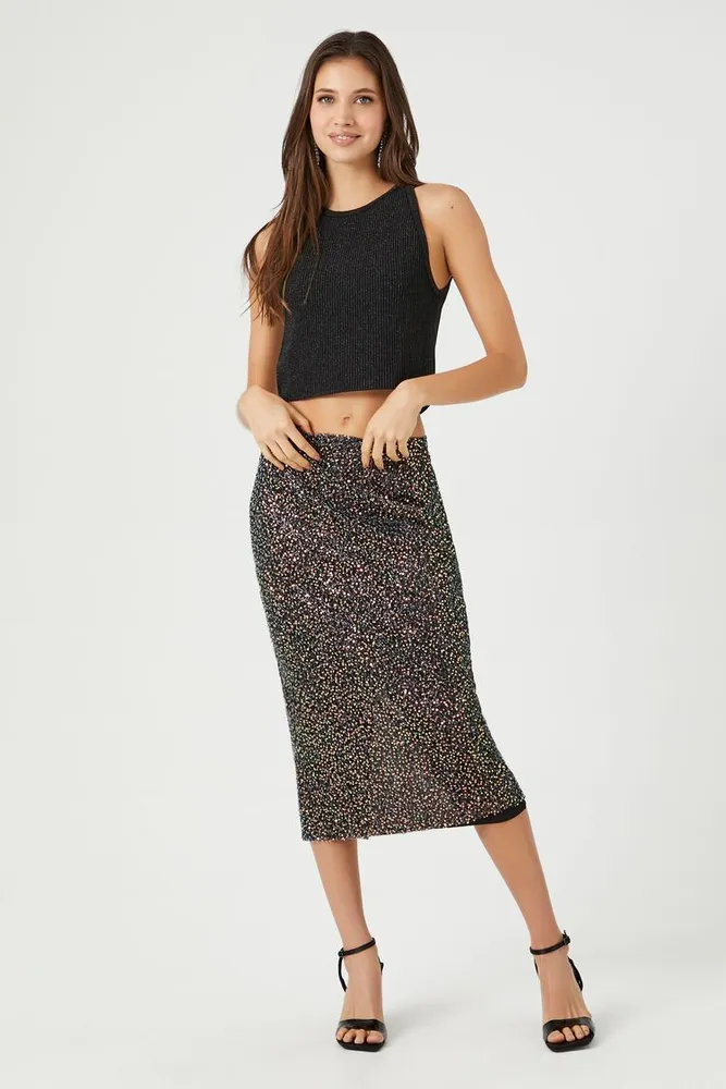 Women's Sequin Straight Midi Skirt in Black Medium