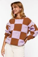 Women's Fuzzy Checkered Sweater in Purple/Brown Large