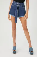 Women's Belted Frayed Denim Shorts in Dark Denim, 26