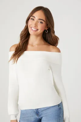 Women's Fitted Off-the-Shoulder Sweater in White Large