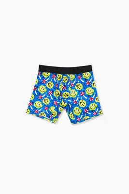 Men Happy Face & Mushroom Print Boxer Shorts in Blue Large