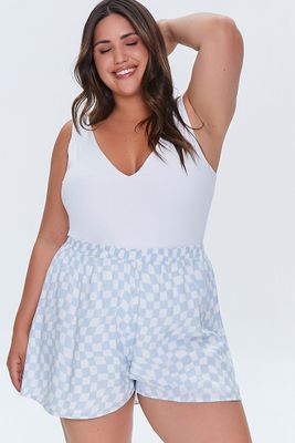 Women's Checkered Print Shorts in Sky Blue/White, 0X