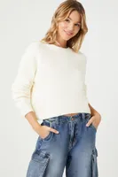 Women's Cropped Fuzzy Knit Sweater in Cream Large