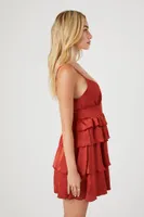 Women's Tiered Satin Babydoll Dress in Brick Large