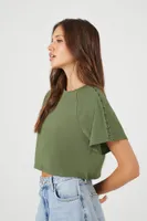 Women's Button-Sleeve Cropped T-Shirt in Olive Small