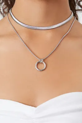 Women's Layered Hoop Pendant Necklace in Silver