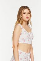 Women's Rose Print Ruched Lounge Crop Top in White/Pink Small