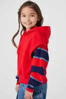 Girls Striped Combo Hoodie (Kids) in Red/Blue, 9/10