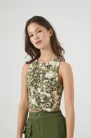 Women's Rib-Knit Cropped NY Camo Tank Top in Khaki, XS