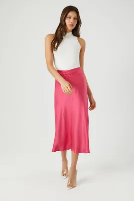 Women's Picot-Trim Satin Midi Skirt Hot Pink