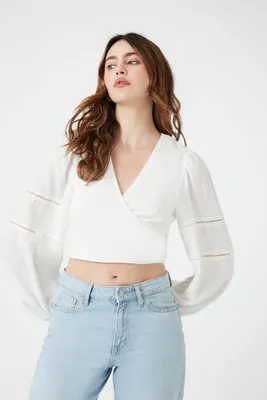 Women's Tie-Back Balloon-Sleeve Top in White, XL