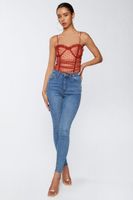 Women's Polka Dot Mesh Ruffled Bodysuit in Rust Small