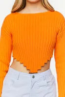 Women's Ribbed V-Hem Long-Sleeve Crop Top in Neon Orange Small