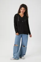 Women's Open-Knit V-Neck Sweater in Black, XS