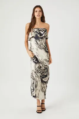 Women's Satin Abstract Strapless Maxi Dress in Tan Small