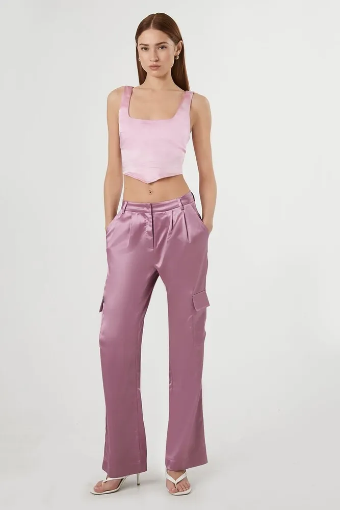 Women's Satin Cargo Trouser Pants in Light Pink Large