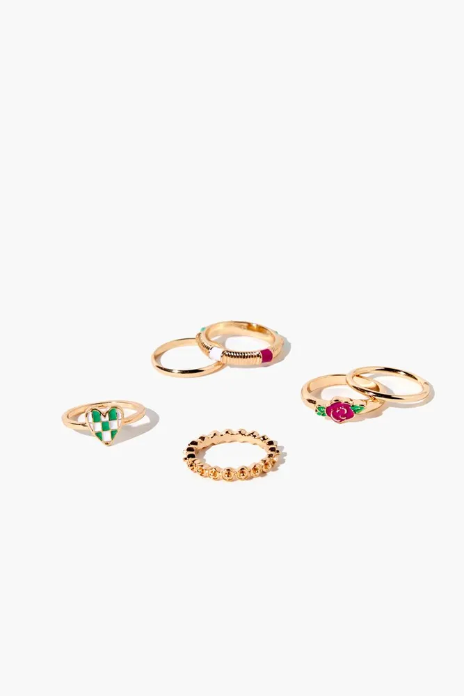 Women's Checkered Heart & Rose Ring Set in Gold/Green, 7