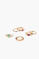 Women's Checkered Heart & Rose Ring Set in Gold/Green, 7