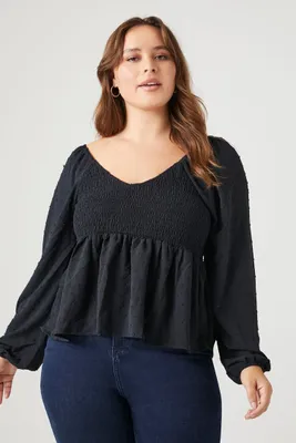 Women's Swiss Dot Peasant-Sleeve Top in Black, 1X