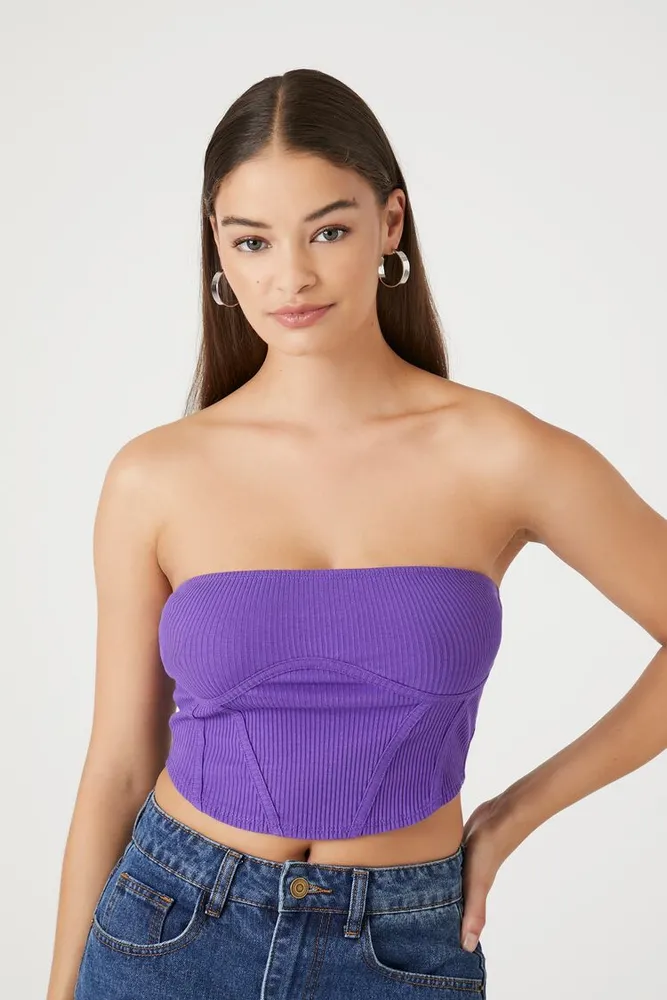 Women's Ribbed Knit Corset Tube Top in Purple Medium