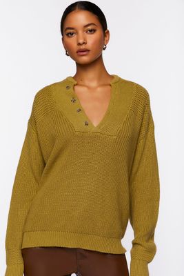 Women's Half-Button Drop-Sleeve Sweater in Light Olive Medium