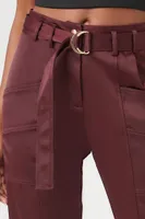 Women's Satin Belted Straight-Leg Pants in Wine Medium