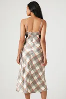 Women's Satin Plaid Lace-Trim Midi Dress in Black/White Small