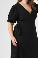 Women's Puff-Sleeve Midi Wrap Dress in Black, 3X