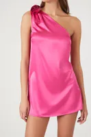 Women's Satin Rosette One-Shoulder Mini Dress in Fuchsia Large