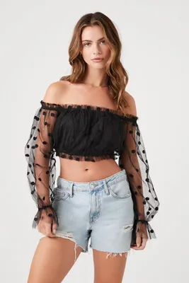 Women's Polka Dot Off-the-Shoulder Crop Top in Black Small