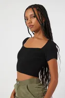 Women's Short-Sleeve Sweater-Knit Crop Top in Black Small