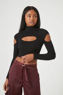 Women's Cutout Sweater-Knit Crop Top in Black, XL