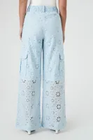 Women's Floral Eyelet Cargo Pants in Light Blue, XL