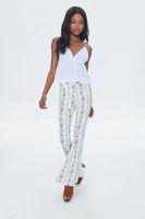 Women's Floral Print High-Rise Flare Pants in White Small