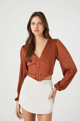 Women's Satin Bustier Crop Top in Chestnut Small