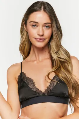 Women's Satin Eyelash Lace-Trim Bralette in Black Small