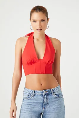 Women's Plunging Halter Crop Top in Fiery Red, XL