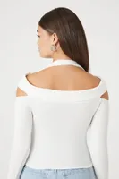 Women's Ribbed Knit Cutout Top in White, XS